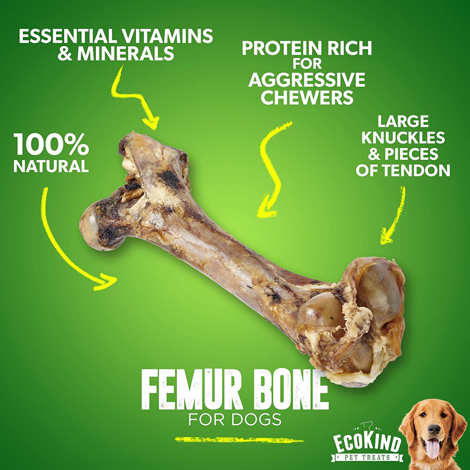 EcoKind Giant Femur Bones for Dogs are 100% natural, contain essential vitamins and minerals, protein rich and perfect for aggressive chewers