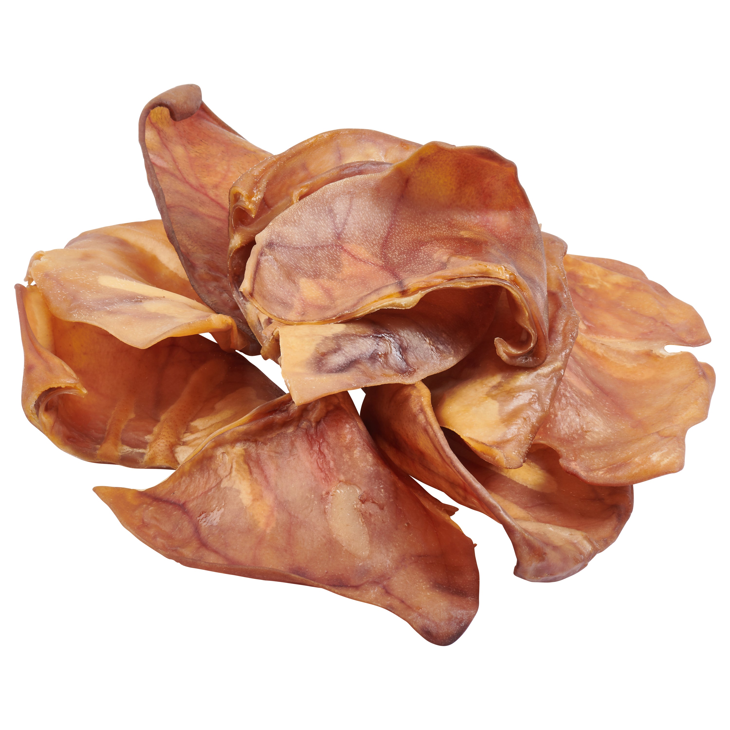 a pile of EcoKind All-Natural Pig Ears for Dogs, From antibiotic and hormone free pork, chews for dogs and puppies.