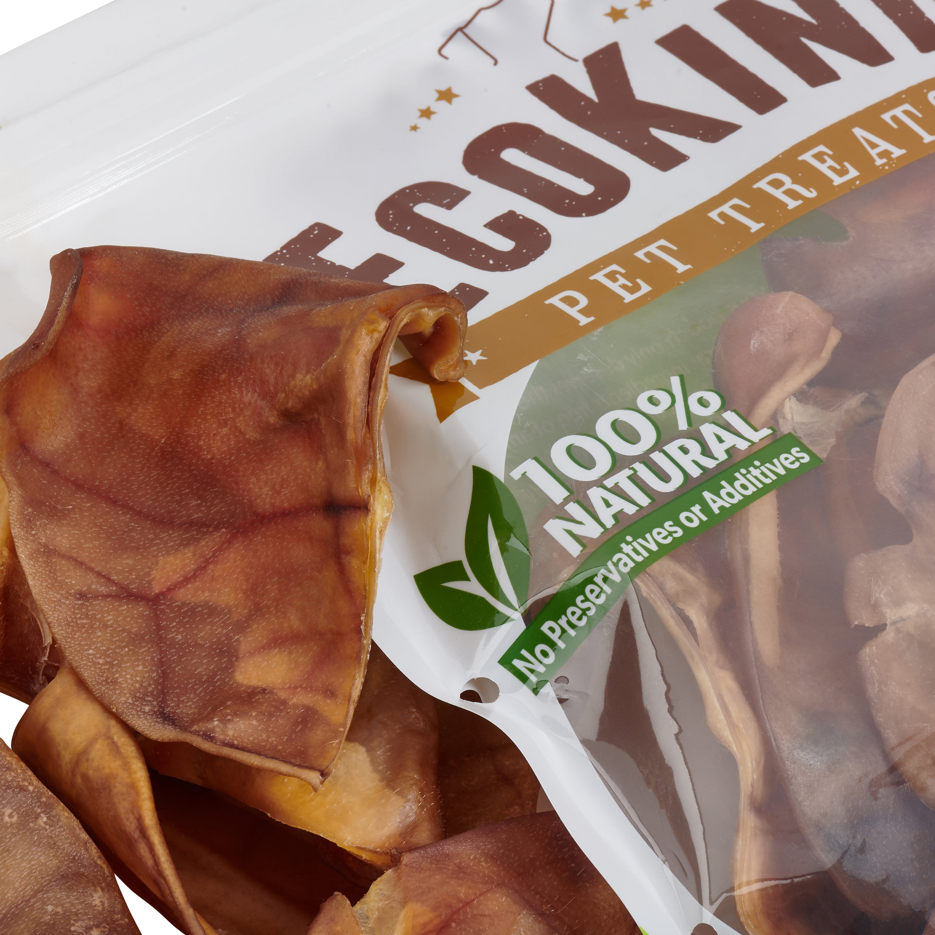 a close up of EcoKind Pig Ears for Dogs - All Natural, Gluten-Free Pig Ear Dog Treats from antibiotic and hormone free pork