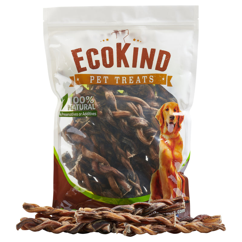a bag of EcoKind all-natural, long-lasting Gullet sticks for dogs - made from grass-fed beef and hand-picked for the best quality