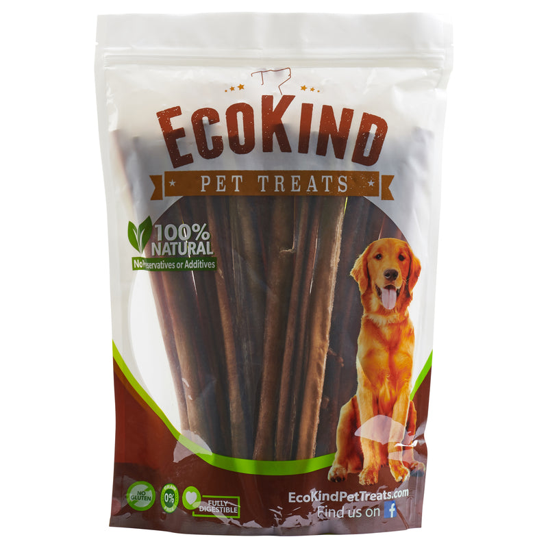 a bag of EcoKind all-natural, long-lasting bully sticks for dogs - made from grass-fed beef and hand-picked for the best quality