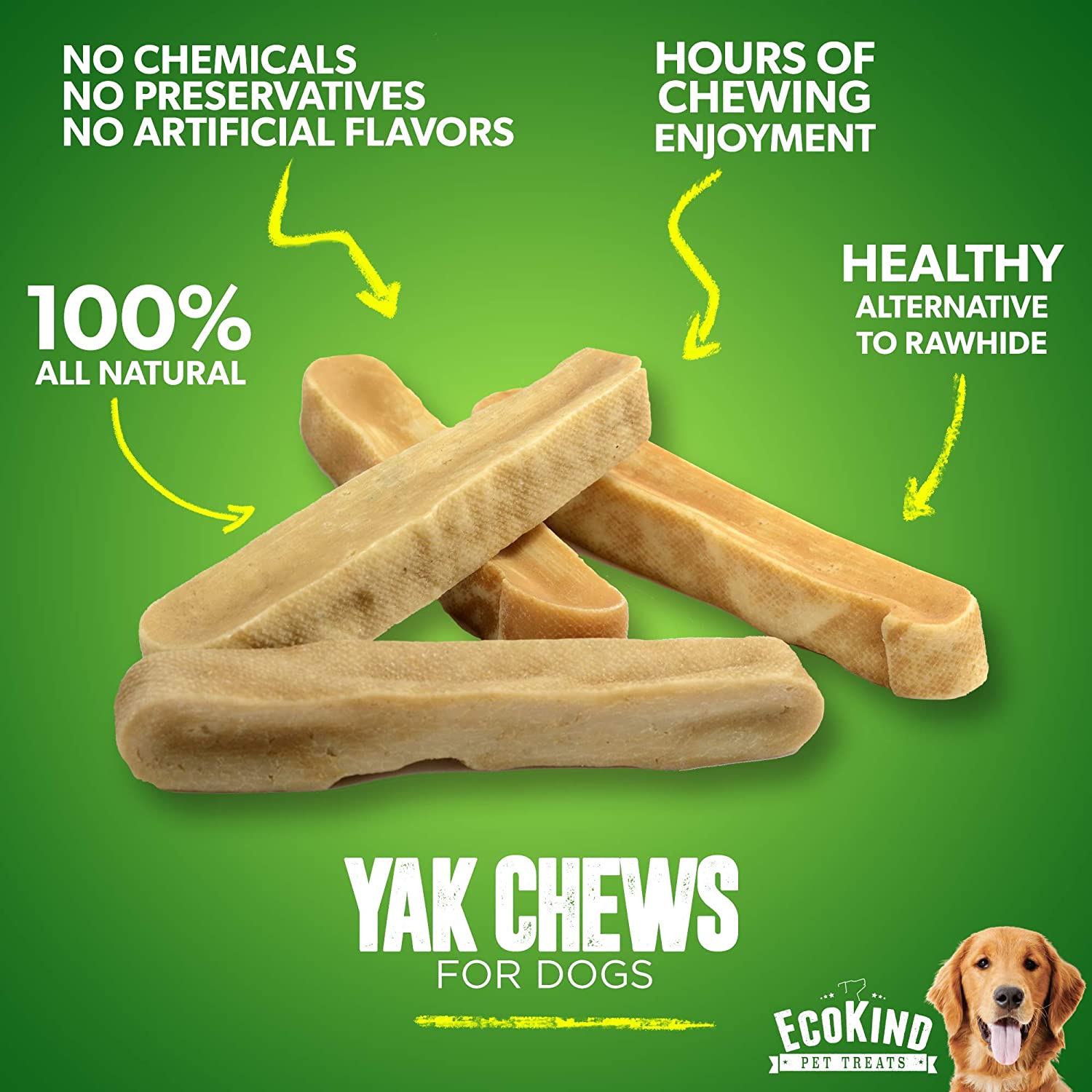 EcoKind Yak Chews for Dogs - 100% all-natural, no chemicals, no preservatives, no artificial flavors - hours of chewing enjoyment, healthy alternative to rawhide