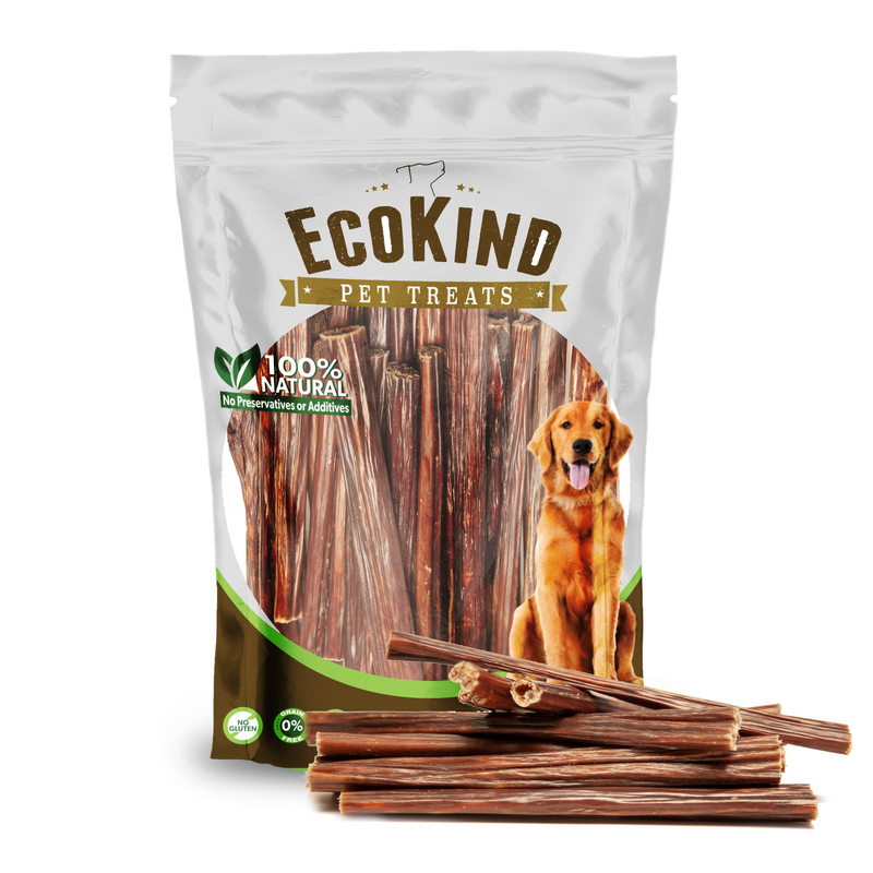 a bag of EcoKind all-natural, long-lasting Gullet sticks for dogs - made from grass-fed beef and hand-picked for the best quality