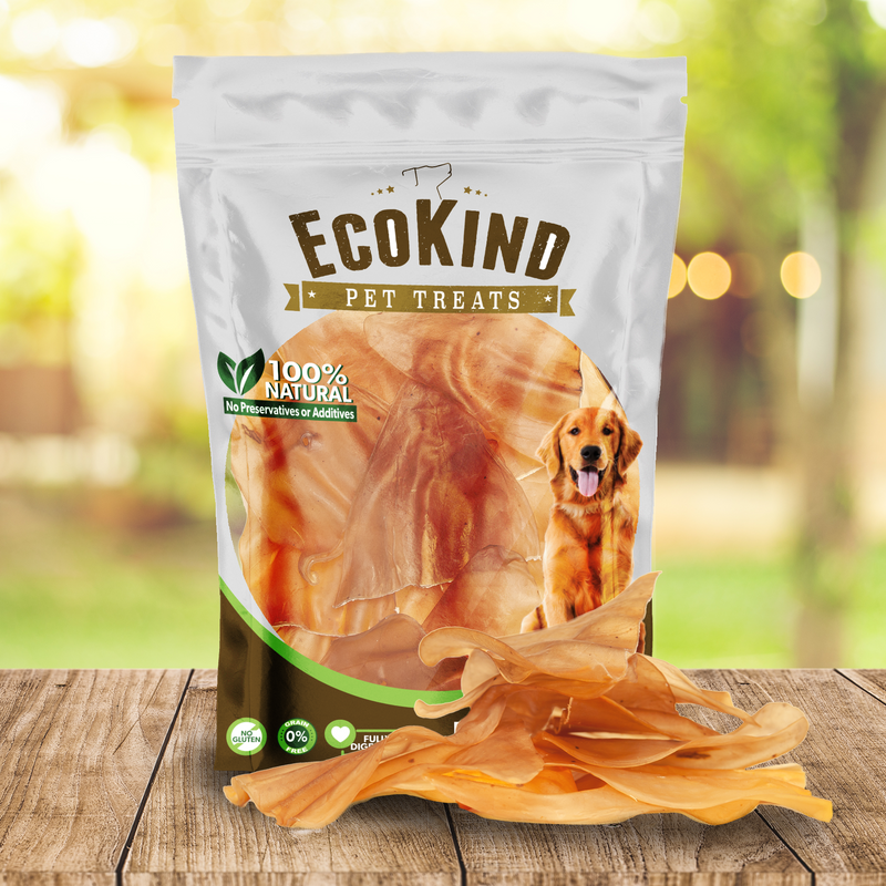 a bag of EcoKind Cow Ears for Dogs -  All-Natural, Gluten-Free Cow Ear Dog Treats, Protein-filled from grass-fed, hormone free beef