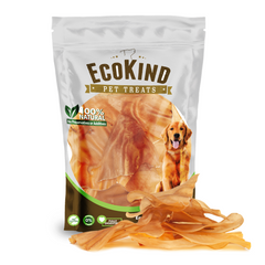 a bag of EcoKind Cow Ears for Dogs -  All-Natural, Gluten-Free Cow Ear Dog Treats, Protein-filled from grass-fed, hormone free beef
