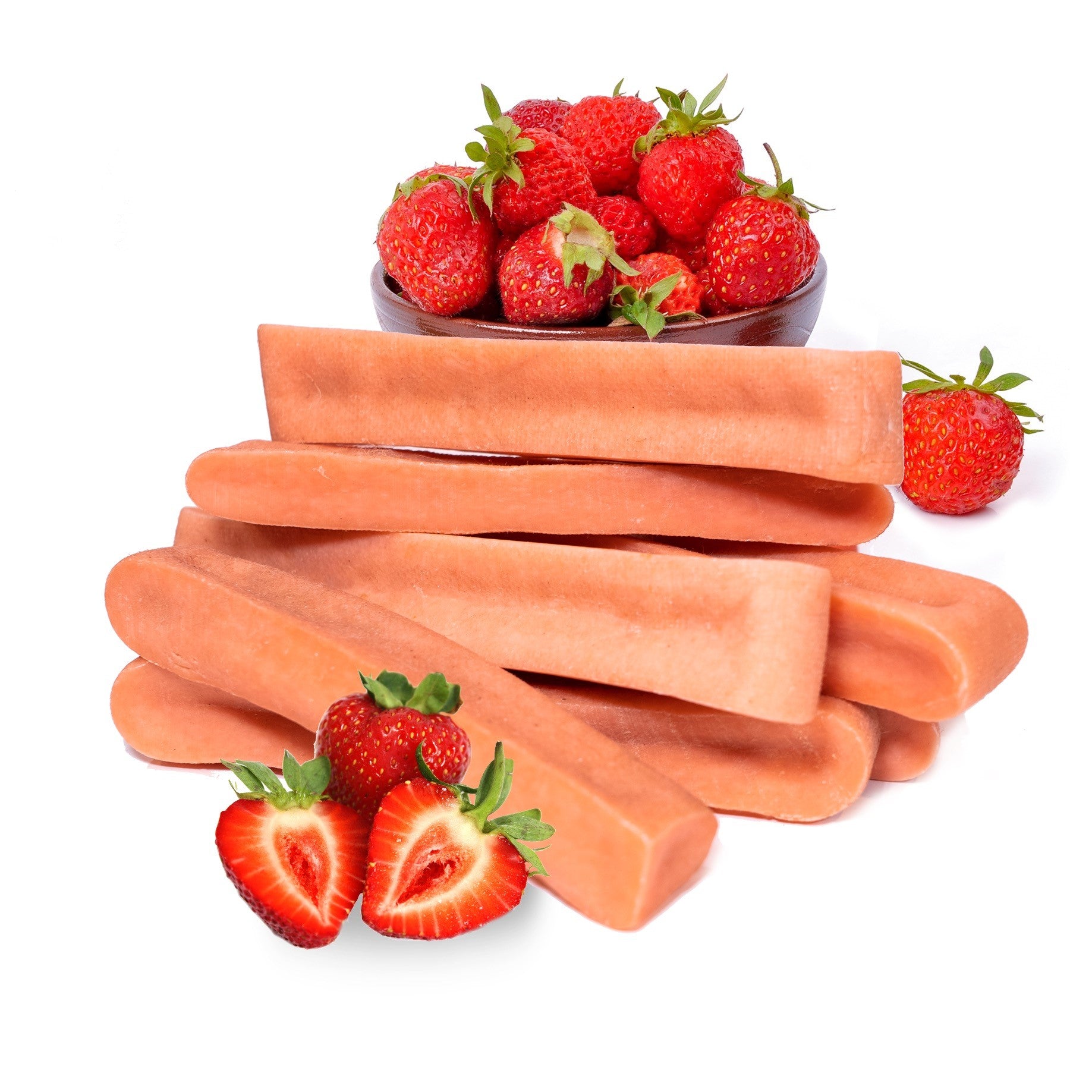 a pile of Large Strawberry EcoKind Himalayan Yak Chew Treats - Gluten-free & Long-Lasting Dog Chews for dogs and breeds of any size.